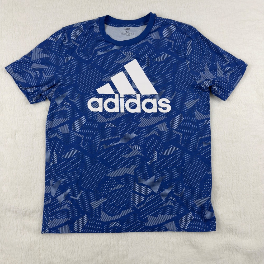 Adidas Mens Blue Geometric Graphic T-Shirt Badge of Sport Logo Size M